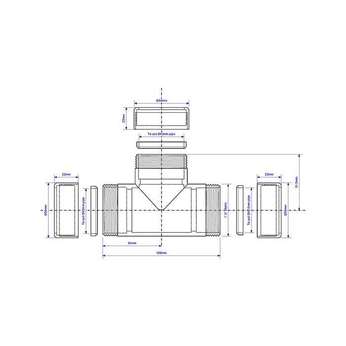 McAlpine 42mm CP Brass Compression Tee - 42E-CB