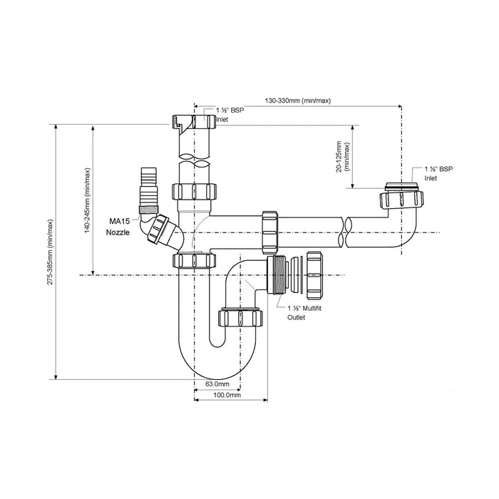 McAlpine 1.5" Bowl and a half Sink Kit - 1 Nozzle (75mm Water Trap) - SK1