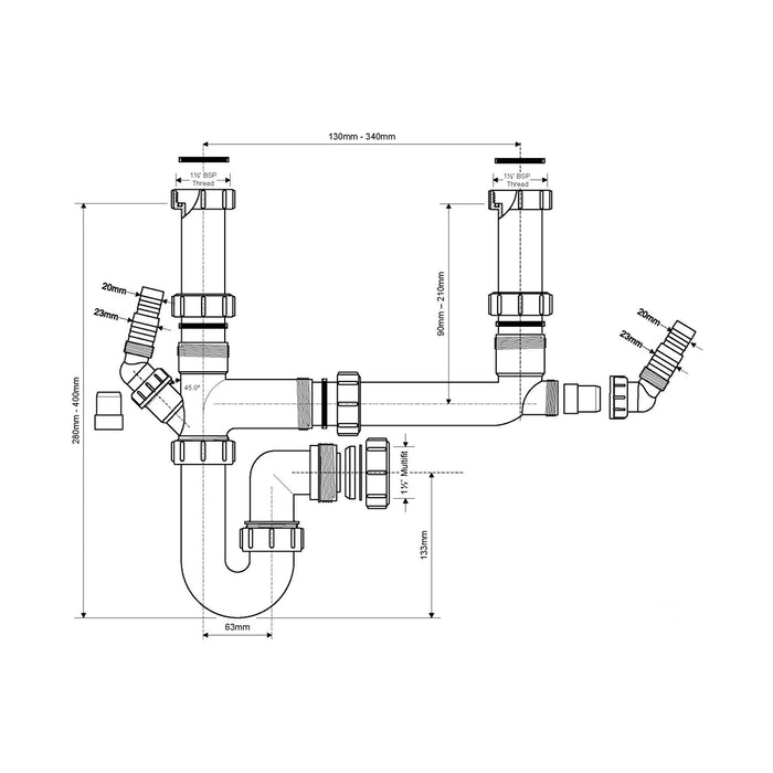 McAlpine 1.5" Double Bowl Sink Kit - 2 Nozzle (75mm Water Trap) - SK2A