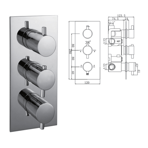 Madison Concealed Thermostatic Shower Valve, 3 Handle 3 Outlet - 029.36.009