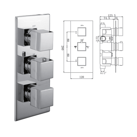 Ruby Concealed Thermostatic Shower Valve, 3 Handle 2 Outlet - 029.36.007