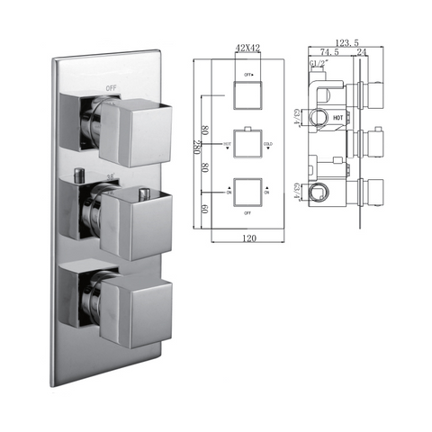 Ruby Concealed Thermostatic Shower Valve, 3 Handle 3 Outlet - 029.36.010