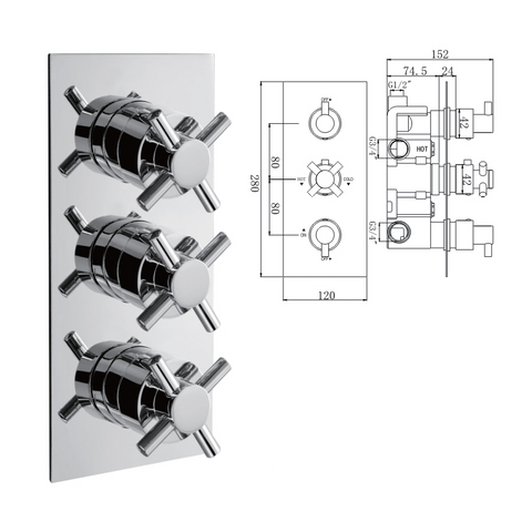 Xceed Concealed Thermostatic Shower Valve, 3 Handle 3 Outlet - 029.36.011